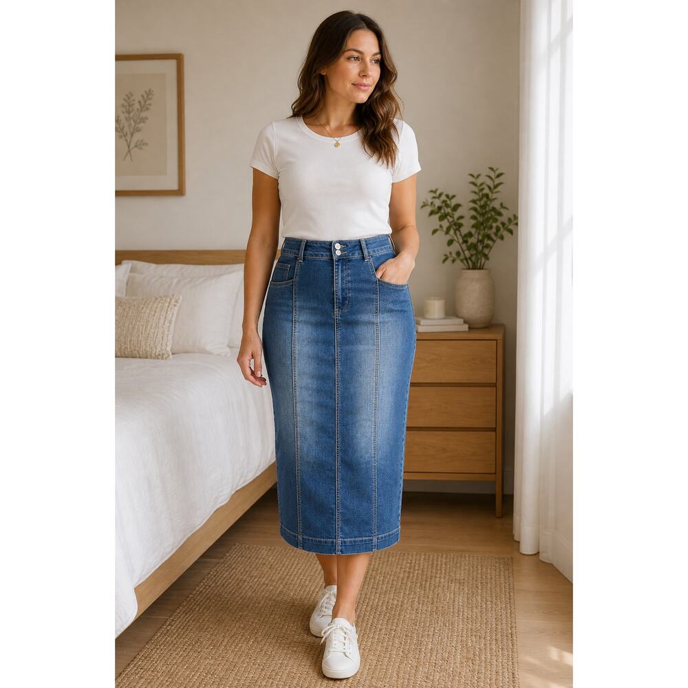 Denim Midi Skirt 18W Stretch Blue Panel Seam Pencil Back Slit Casual 2XL - Picture 2 of 8